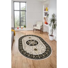 Evdeya Renkli Klasik Motifli Dijital Kaymaz Yıkanabilir Oval Yolluk Salon Halısı, O-Klasik-27-Siyah,