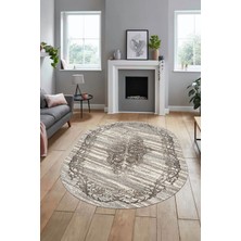 Evdeya Klasik Desen Dijital Kaymaz Taban Yıkanabilir Oval Yolluk Mutfak Salon Halısı, O-Klasik-11-Bej,