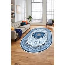 Evdeya Göbekli Klasik Dijital Kaymaz Taban Yıkanabilir Oval Yolluk Salon Halısı, O-Klasik-18-Mavi,