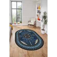 Evdeya Renkli Klasik Desen Dijital Kaymaz Yıkanabilir Oval Yolluk Salon Halısı, O-Klasik-26-Lacivert,