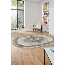 Evdeya Çiçekli Klasik Motifli Dijital Kaymaz Yıkanabilir Oval Yolluk Salon Halısı, O-Klasik-29-Mavi,