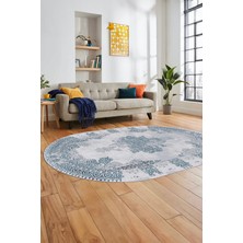 Evdeya Sade Klasik Desenli Dijital Kaymaz Yıkanabilir Oval Yolluk Salon Halısı, O-Klasik-22-Mavi,