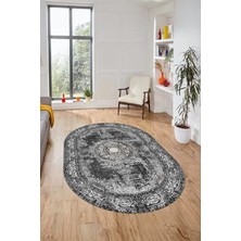 Evdeya Göbekli Klasik Desen Dijital Kaymaz Yıkanabilir Oval Yolluk Salon Halısı, O-Klasik-25-Gri,