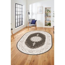 Evdeya Baskılı Kaymaz Yıkanabilir Göbekli Klasik Desen Oval Mutfak Salon Halısı, O-Klasik-03-Kahve,