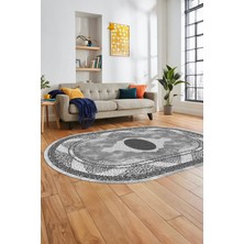 Evdeya Göbekli Klasik Desen Dijital Kaymaz Yıkanabilir Oval Yolluk Mutfak Salon Halısı, O-Klasik-24-Gri,