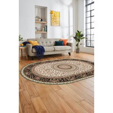Evdeya Klasik Desenli Dijital Kaymaz Yıkanabilir Oval Yolluk Koridor Salon Halısı, O-Klasik-21-Krem,