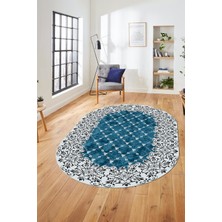 Evdeya Baskılı Kaymaz Yıkanabilir Klasik Desen Yolluk Oval Mutfak Salon Halısı, O-Klasik-04-Mavi,