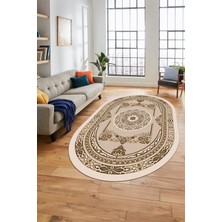 Evdeya Modern Klasik Dijital Kaymaz Taban Yıkanabilir Oval Yolluk Salon Halısı, O-Klasik-17-Kahve,