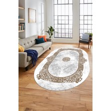 Evdeya Sade Klasik Desen Dijital Kaymaz Taban Yıkanabilir Oval Yolluk Salon Halısı, O-Klasik-20-Kahve,
