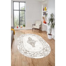 Evdeya Göbekli Klasik Motifli Dijital Kaymaz Yıkanabilir Oval Yolluk Salon Halısı, O-Klasik-28-Krem,
