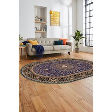 Evdeya Klasik Desenli Dijital Kaymaz Yıkanabilir Oval Yolluk Koridor Salon Halısı, O-Klasik-21-Lacivert,