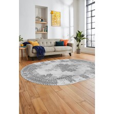 Evdeya Sade Klasik Desenli Dijital Kaymaz Yıkanabilir Oval Yolluk Salon Halısı, O-Klasik-22-Gri,