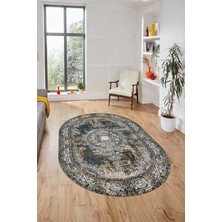 Evdeya Göbekli Klasik Desen Dijital Kaymaz Yıkanabilir Oval Yolluk Salon Halısı, O-Klasik-25-Mavi,