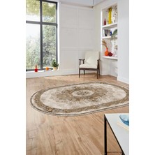 Evdeya Çiçekli Klasik Motifli Dijital Kaymaz Yıkanabilir Oval Yolluk Salon Halısı, O-Klasik-29-Kahve,