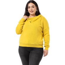 Disentis Modest Büyük Beden Degaje Kapüşonlu Yaka Cepli Parça Boyalı Üç Iplik Hardal Sweatshirt