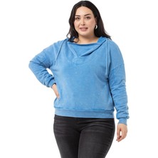 Disentis Modest Büyük Beden Degaje Kapüşonlu Yaka Cepli Parça Boyalı Üç Iplik Mavi Sweatshirt
