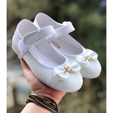 Ay&Su Kız Çocuk Cırt Cırtlı Beyaz Babet , Fiyonk Detaylı Kaydırmaz Taban