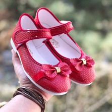 Ay&Su Kız Çocuk Cırt Cırtlı Kırmızı Babet , Fiyonk Detaylı Kaydırmaz Taban