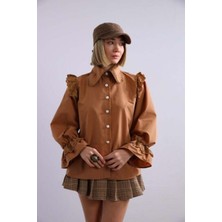 Lissa Butik Kadın Camel Omuz Kol Volanlı Bebe Yaka Fisto Nakışlı Düğmeli Vintage Gömlek