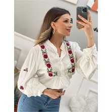 Melek Kostak Tasarım Önü Düğmeli Bordo Nakışlı Gömlek Bluz