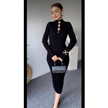 Melek Kostak Kadın Balıkçı Yaka Düğme Detay Fitilli Midi Boy Triko Elbise