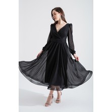 Lafaba Kadın Siyah Kruvaze Yaka Kemerli Simli Midi Abiye Elbise