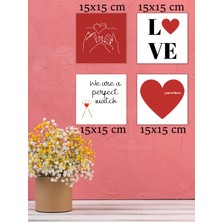 Souwester "love" "aşk" 4 Parça Mdf Tablo Seti Yapışkanlı Ahşap Duvar Dekoru 15X15 cm