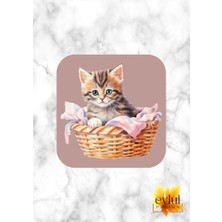 Eylül Design Sepette Sevimli Kedi Baskılı Özel Tasarım Baskılı Mdf Kare Bardak Altlığı