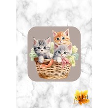 Eylül Design Sepette Sevimli Kediler Baskılı Özel Tasarım Baskılı Mdf Kare Bardak Altlığı