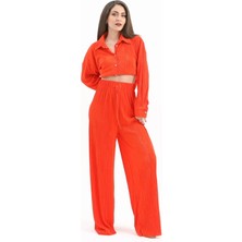 Vapur Tekstil Düğme Detaylı Örme Pilise Takım - Turuncu