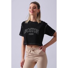 Sd Luxury Boston Yazılı Crop Kadın T-Shirt