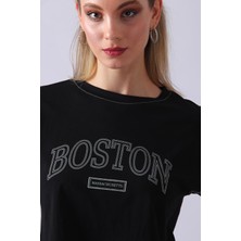 Sd Luxury Boston Yazılı Crop Kadın T-Shirt