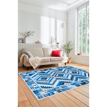 Evdeya Modern Tasarım Etnik Desenli Dijital Kaymaz Yıkanabilir Yolluk Salon Halısı, Etnik-09-Mavi