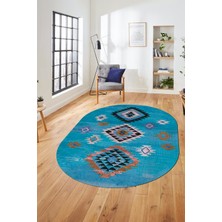 Evdeya Dijital Baskılı Kaymaz Yıkanabilir Etnik Desenli Oval Mutfak Salon Halısı, O-Etnik-01-Mavi,
