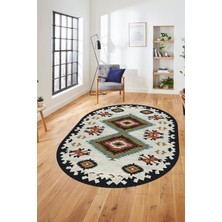 Evdeya Dijital Kaymaz Yıkanabilir Etnik Desenli Oval Yolluk Mutfak Salon Halısı, O-Etnik-02-Renkli,