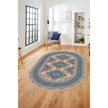 Evdeya Dijital Kaymaz Yıkanabilir Şık Etnik Desen Oval Yolluk Mutfak Salon Halısı, O-Etnik-04-Bej,