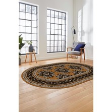 Evdeya Dijital Kaymaz Yıkanabilir Şık Etnik Desen Oval Yolluk Mutfak Salon Halısı, O-Etnik-04-Kahve,