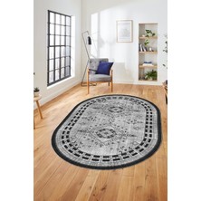 Evdeya Dijital Kaymaz Yıkanabilir Etnik Desen Oval Yolluk Mutfak Salon Halısı, O-Etnik-03-Gri,