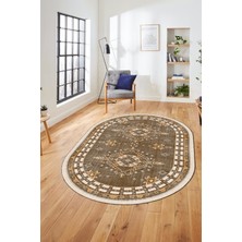 Evdeya Dijital Kaymaz Yıkanabilir Etnik Desen Oval Yolluk Mutfak Salon Halısı, O-Etnik-03-Kahve,