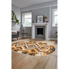 Evdeya Modern Tasarım Etnik Desen Dijital Kaymaz Yıkanabilir Oval Yolluk Salon Halısı, O-Etnik-09-Kahve,