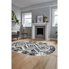 Evdeya Modern Tasarım Etnik Desen Dijital Kaymaz Yıkanabilir Oval Yolluk Salon Halısı, O-Etnik-09-Gri,