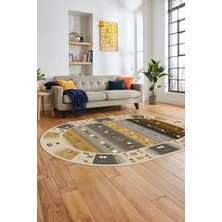 Evdeya Dijital Kaymaz Yıkanabilir Motifli Etnik Desen Oval Yolluk Mutfak Salon Halısı, O-Etnik-15-Kahve,