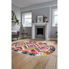 Evdeya Modern Tasarım Etnik Desen Dijital Kaymaz Yıkanabilir Oval Yolluk Salon Halısı, O-Etnik-09-Renkli,