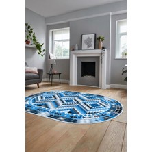 Evdeya Modern Tasarım Etnik Desen Dijital Kaymaz Yıkanabilir Oval Yolluk Salon Halısı, O-Etnik-09-Mavi,