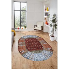 Evdeya Dijital Kaymaz Yıkanabilir Yeni Etnik Desen Oval Yolluk Mutfak Salon Halısı, O-Etnik-16-Renkli,