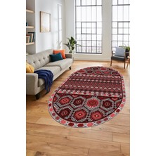 Evdeya Dijital Kaymaz Yıkanabilir Şık Etnik Desenli Oval Yolluk Mutfak Salon Halısı, O-Etnik-13-Kırmızı,