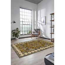 Evdeya Sade Tasarım Etnik Desen Kaymaz Yıkanabilir Yolluk Mutfak Salon Koridor Halısı, Etnik-19-Sarı