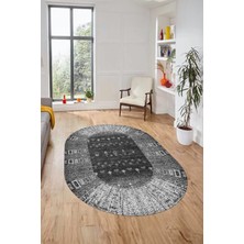Evdeya Dijital Kaymaz Yıkanabilir Yeni Etnik Desen Oval Yolluk Mutfak Salon Halısı, O-Etnik-16-Gri,