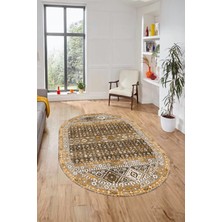 Evdeya Yeni Tasarım Etnik Desenli Yıkanabilir Oval Yolluk Mutfak Salon Koridor Halısı, O-Etnik-17-Kahve,