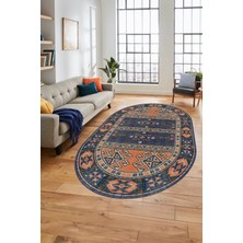 Evdeya Dijital Baskılı Kaymaz Yıkanabilir Etnik Desen Oval Yolluk Mutfak Salon Halısı, O-Etnik-11-Lacivert,